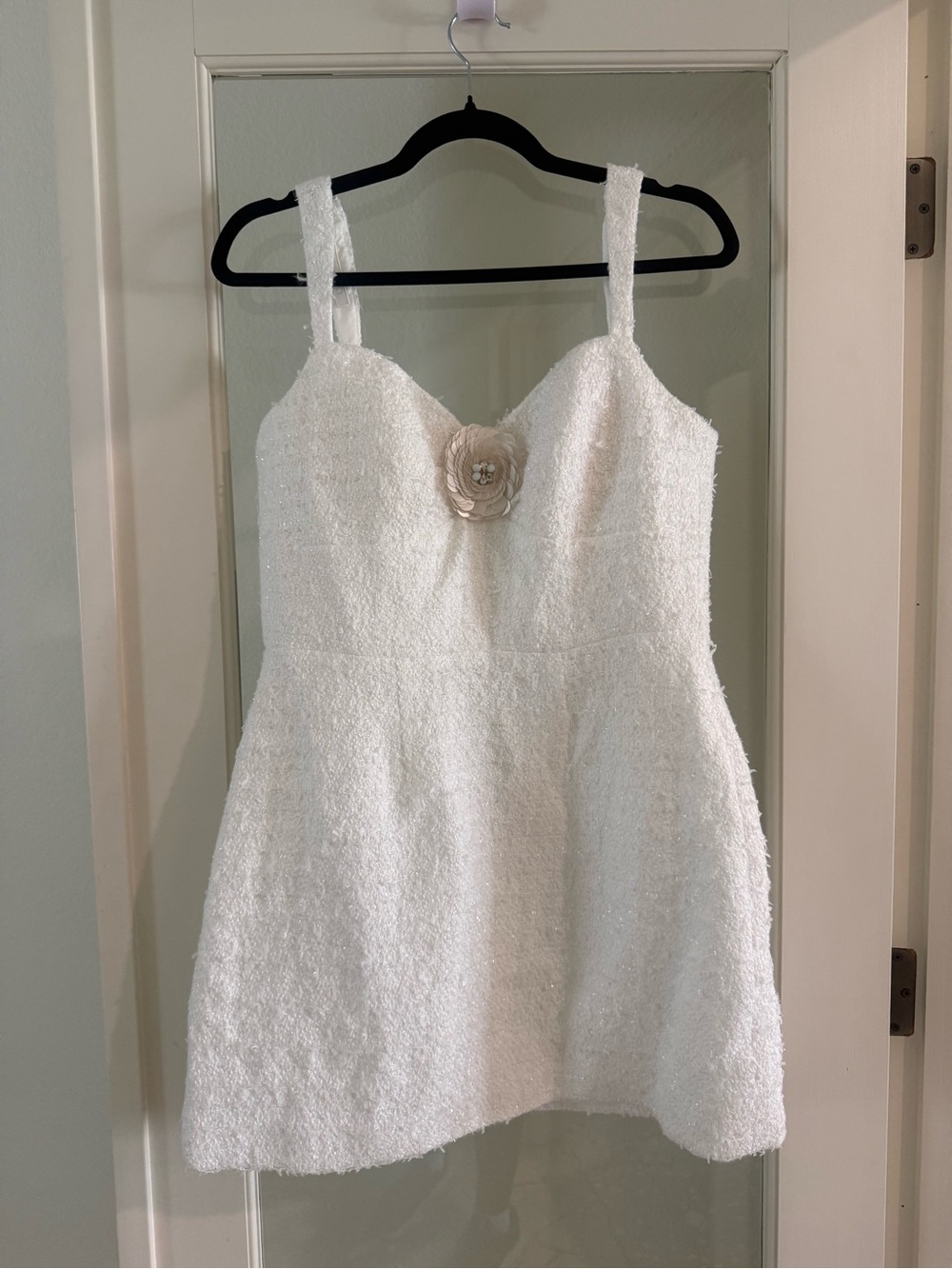 ✨Dessy Collection Flower Tweed Minidress White Textured Flower-Accent Dress